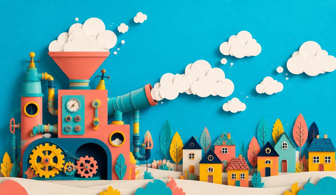 A bright paper-cut machine puffing clouds over a tiny town