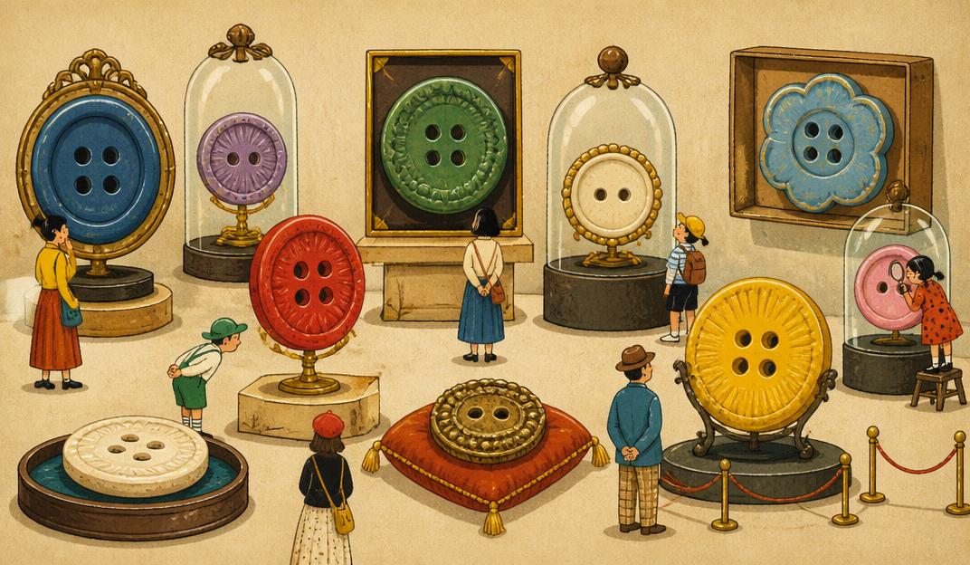 Visitors studying giant colorful buttons displayed in a museum