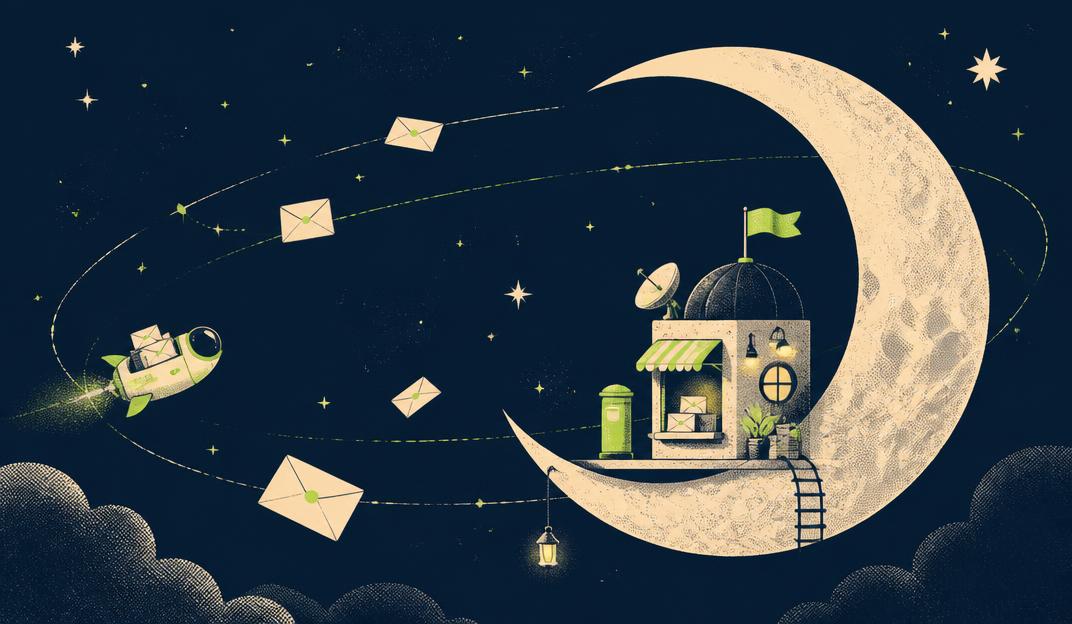 A tiny postal station on a crescent moon with orbiting letters
