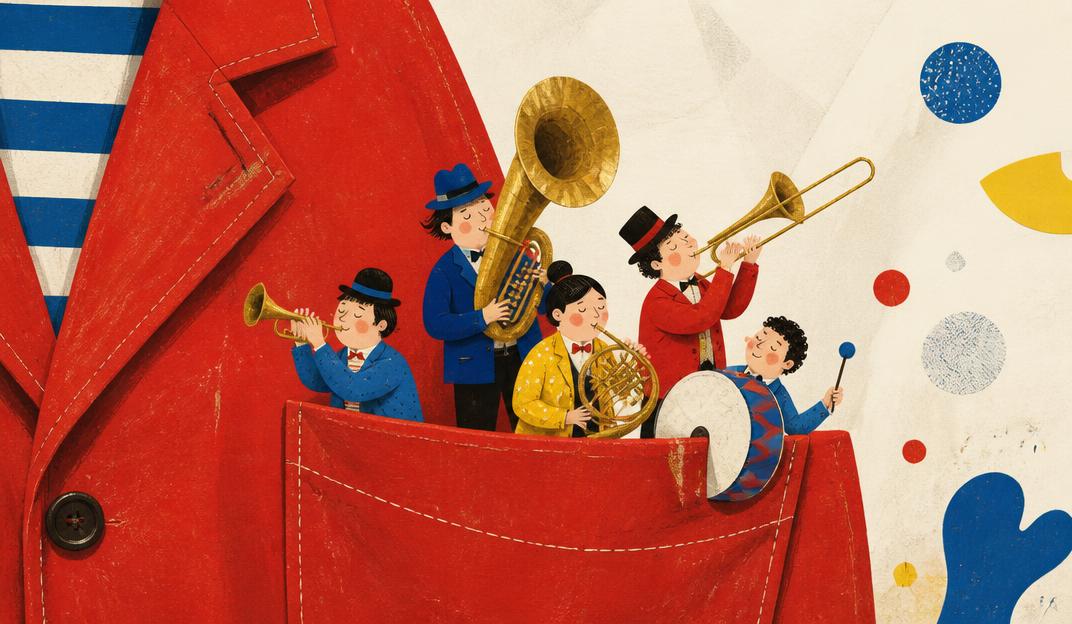 Tiny musicians playing brass instruments inside a red coat pocket